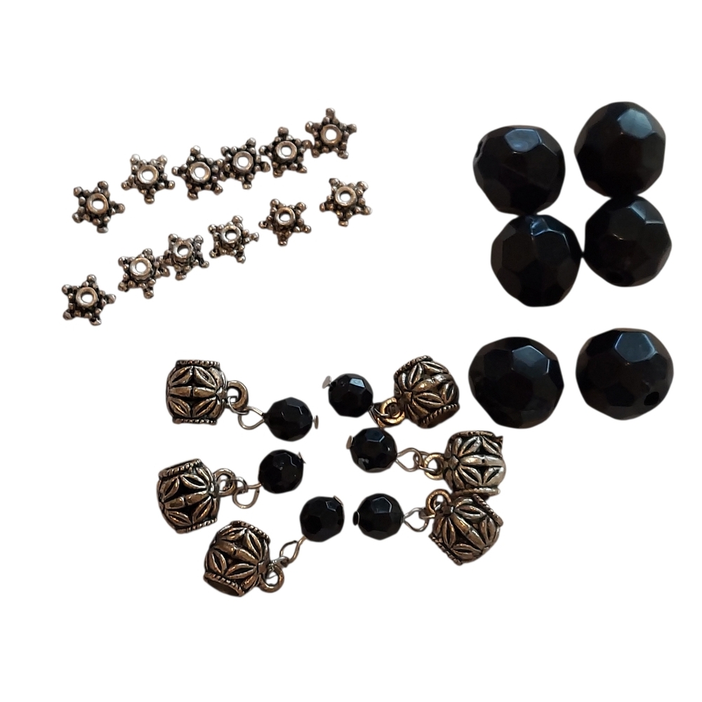 NWOT Jewelry Supplies Black Beads, Silvertone Beads Charms, Spacers - 1 Pound